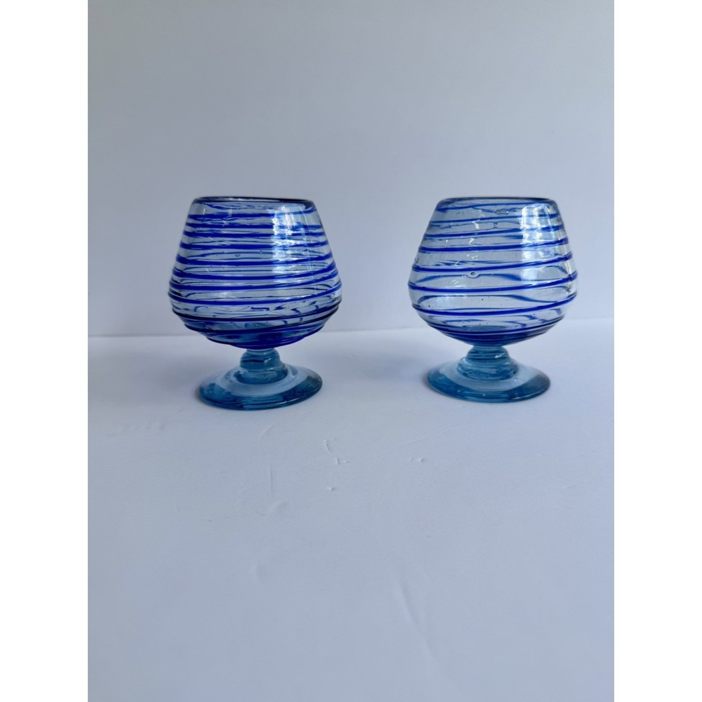 2 HANDBLOWN  GLASS TEQUILA WHISKEY GOBLETS COBALT BLUE SWIRLS